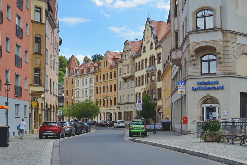 10 - Hahnemannsplatz in the historic old town of Meißen, Saxony, Germany, featuring a branch of the Volksbank Raiffeisenbank Meißen Großenhain eG on the right